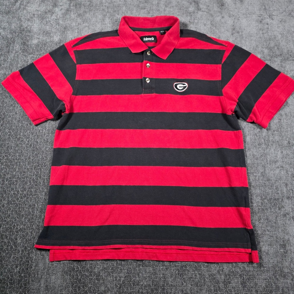 Ashworth Georgia Bulldogs Mens Large Red Black Striped Cotton Polo Shirt UGA L